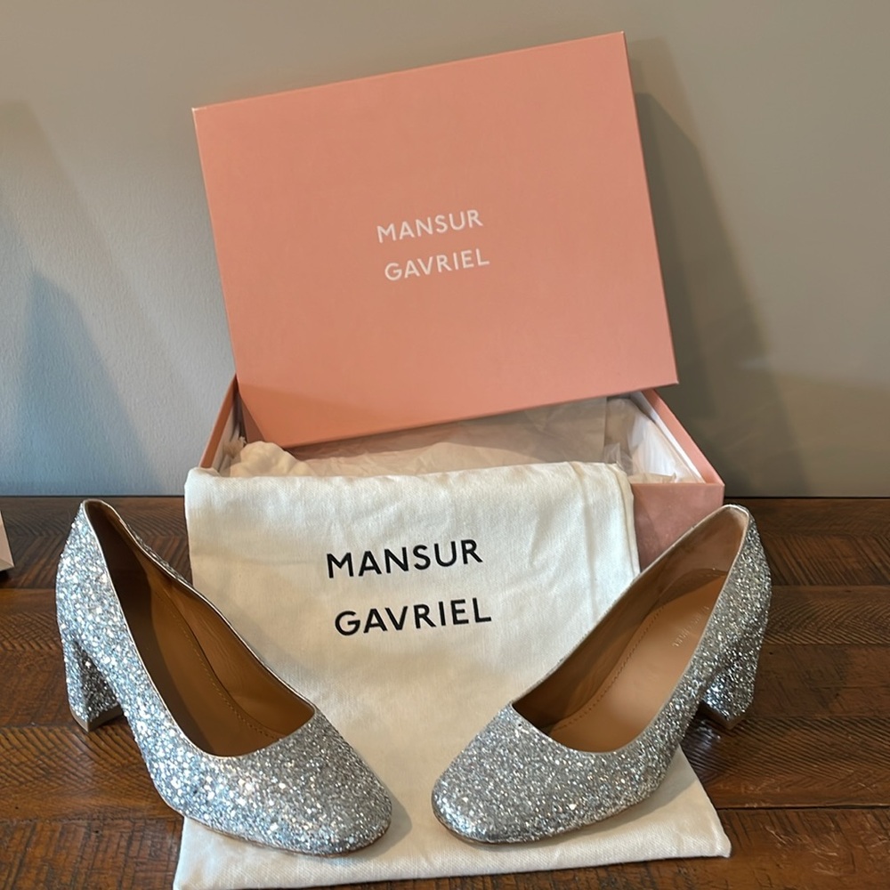 Mansur Gavriel Silver Glitter Square Toe Heel Size EU 35 - Picture 10 of 16